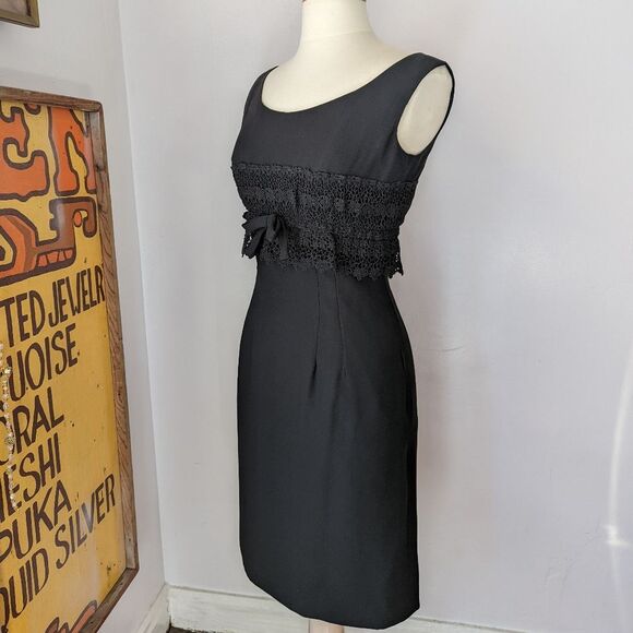 Vintage Black Sheath Dress with Lace and Bow - Picture 1 of 13